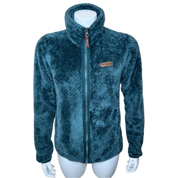 Columbia Fire Side II Sherpa Fleece Jacket S Zip Pockets Teal Blue Green - Picture 1 of 9